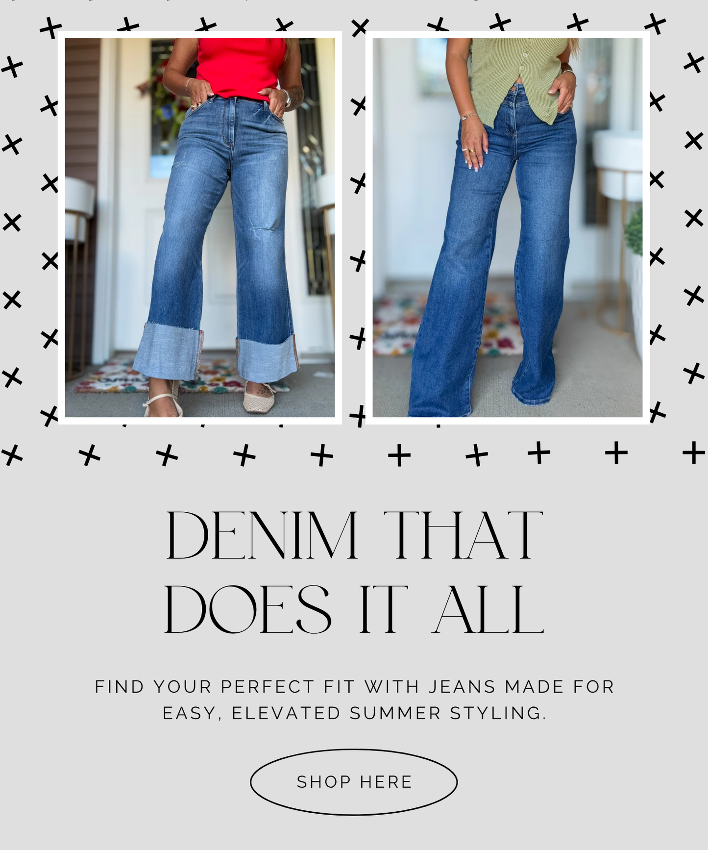 Two people wearing blue jeans with text promoting denim for summer styling.