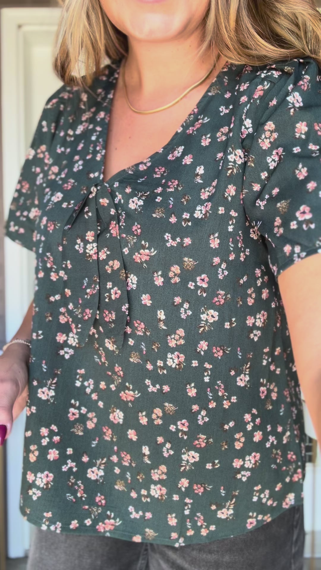 Evergreen Bloom Tie-Front Blouse